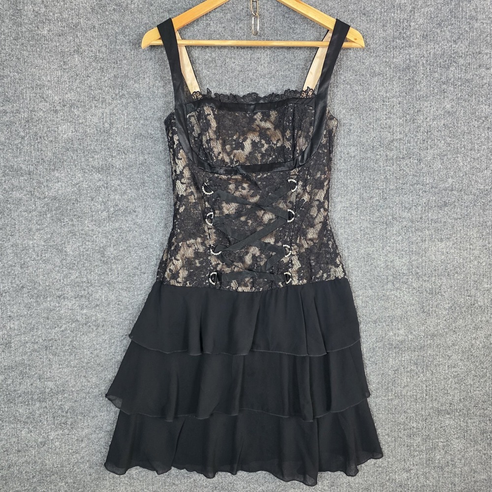 Vintage Y2K Jessica McClintock Dress SZ 6 Black Lace Corset Whimsigoth Milkmaid - Picture 2 of 9